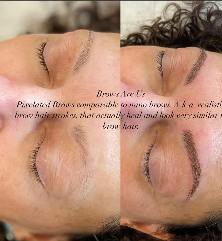 Before-and-after collage showing pixelated brows comparable to nano brows.