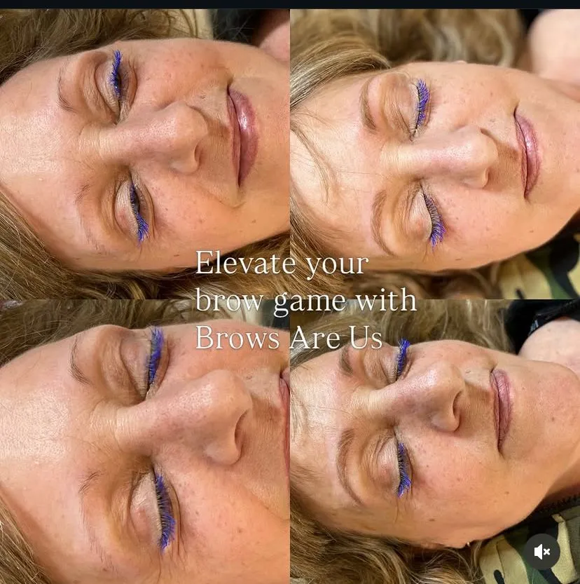 Collage showing brow enhancement and visible lash-line definition on a person.